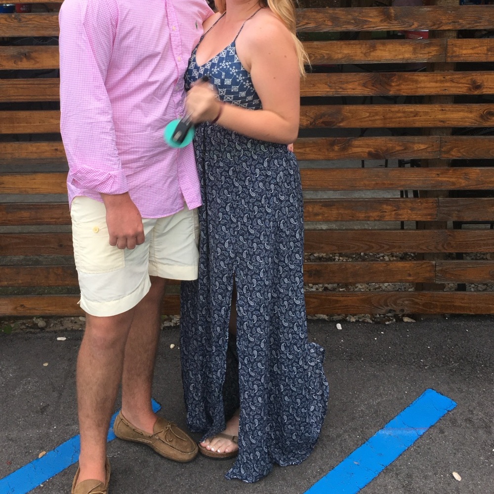 Blue Patterned Summer Maxi Dress with Slits